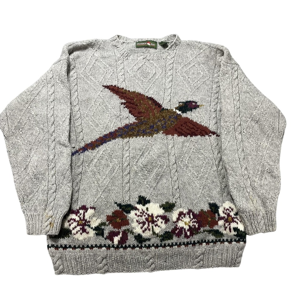 VTG Outback Red Sweater Womens Small Gray Bird Floral Cable Knit Crewneck Flaws